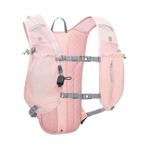 Pink hydration backpack with gray straps on a white background