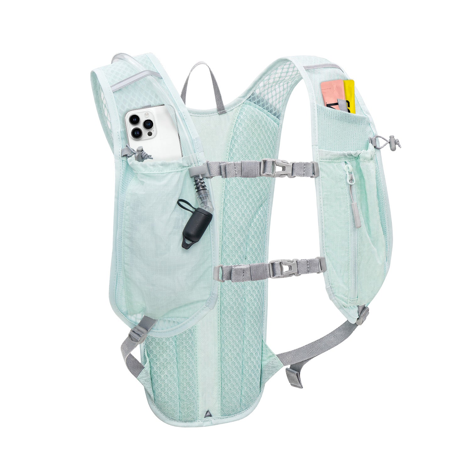 Light blue hydration backpack with phone pocket on a white background