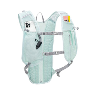 Light blue hydration backpack with phone pocket on a white background